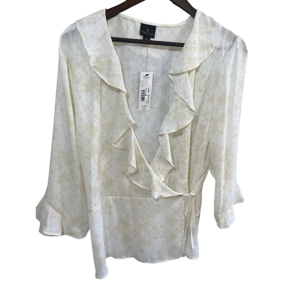 Worthington Ruffled Wrap Cream And White Floral Lace Print Blouse NWT Size XL